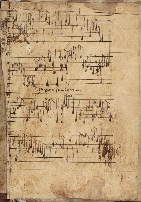 D-Wa cod. VII B Hs Nr. 264, fol. A (reproduction with kind permission of the Staatsarchiv Wolfenbüttel)—secunda pars and beginning of "tercia pars" of the lute intabulation "Cum lacrimis" (= "Con lagrime bagnandome ne viso" by Johannes Ciconia).