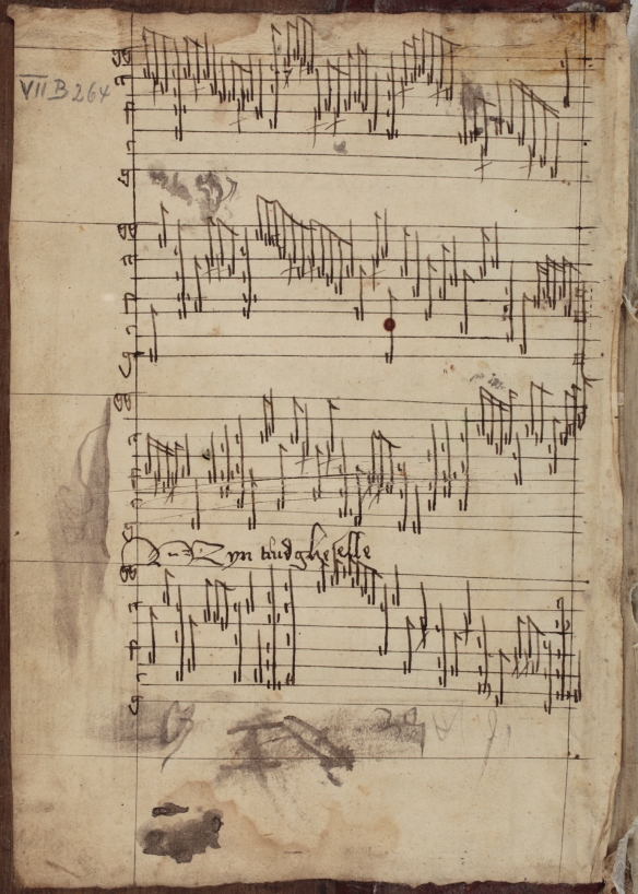 D-Wa cod. VII B Hs Nr. 264, fol. A' (reproduction with kind permission of the Staatsarchiv Wolfenbüttel)—end of "tercia pars" of the lute intabulation "Cum lacrimis" (= "Con lagrime bagnandome ne viso" by Johannes Ciconia).